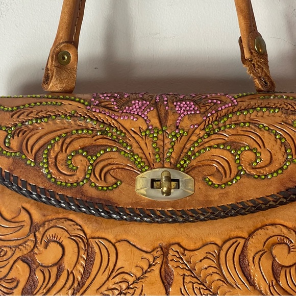 Vintage Brown Tooled Leather Purse Rhinestones Metal Clasp - Picture 3 of 16